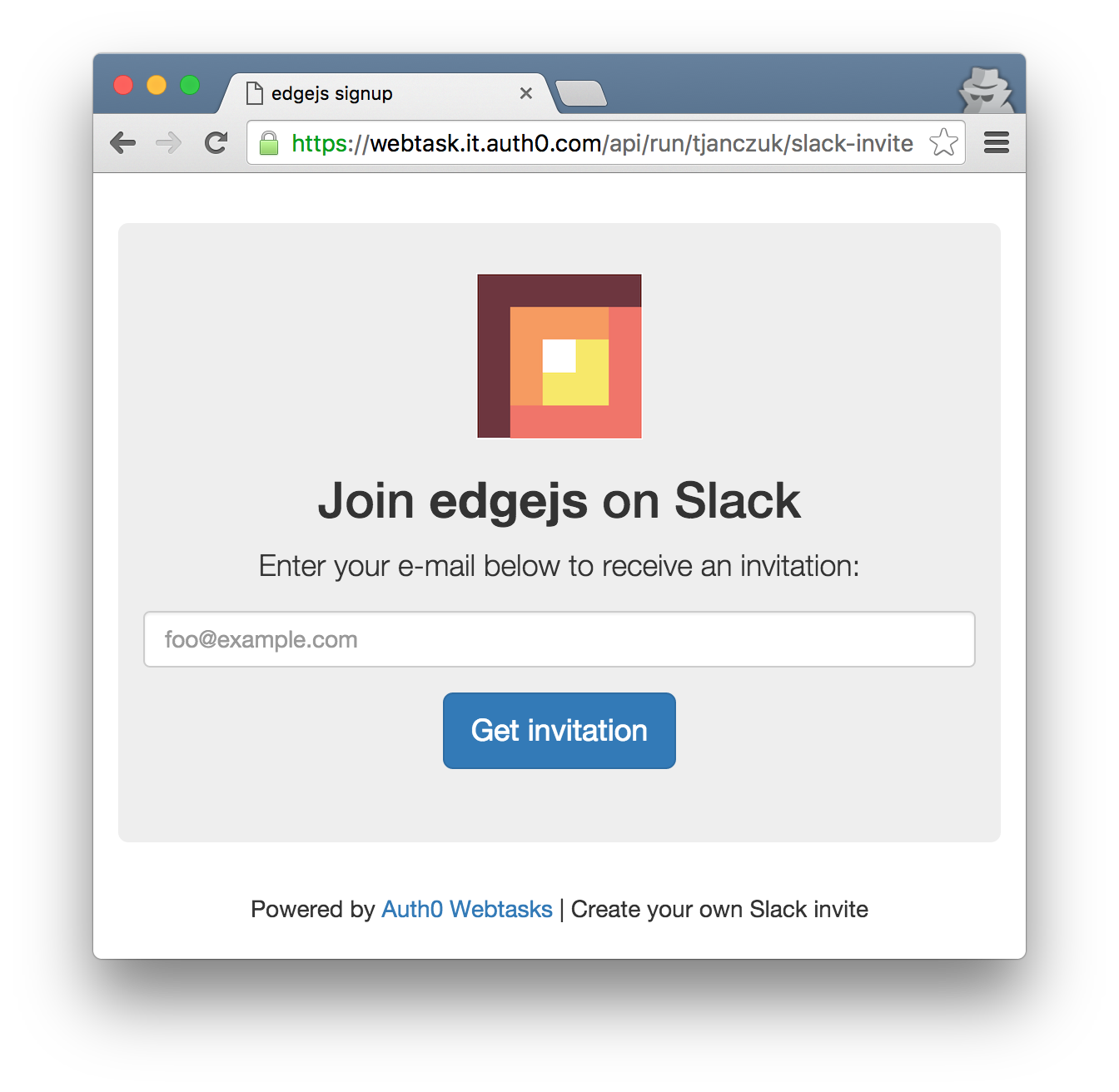 Slack signup page for Edge.js