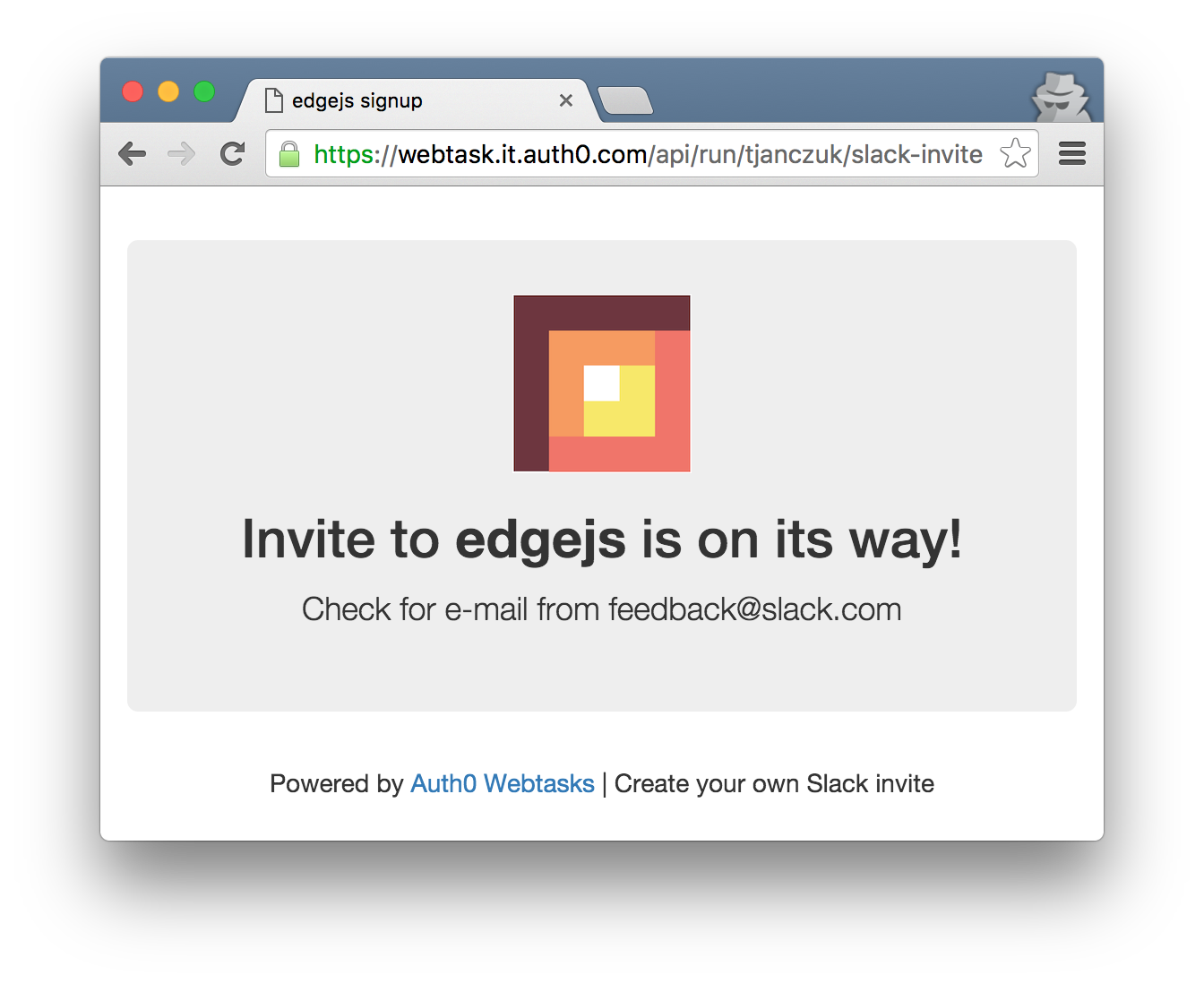 Slack signup page for Edge.js
