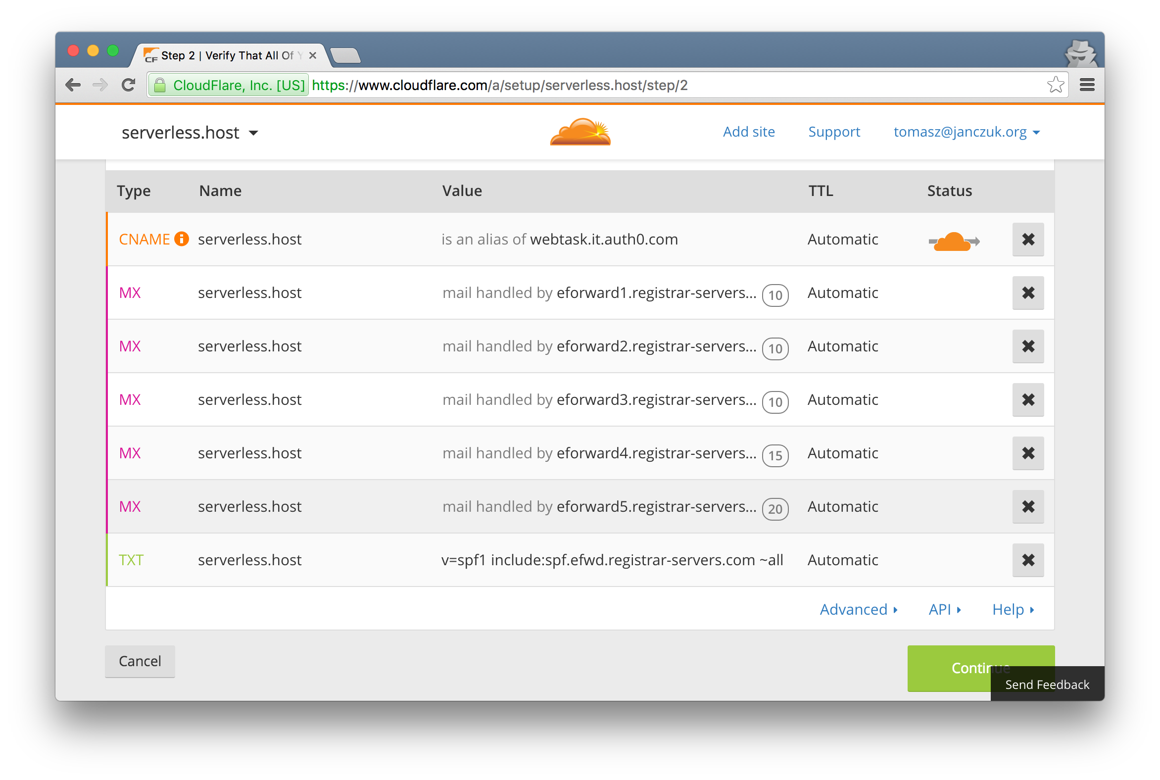 Add CNAME record from custom webtask domain to webtask hostname through CloudFlare DNS management panel