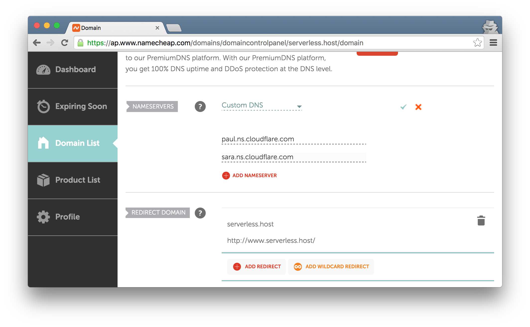 Set CloudFlare nameservers for a new webtask custom domain at NameCheap