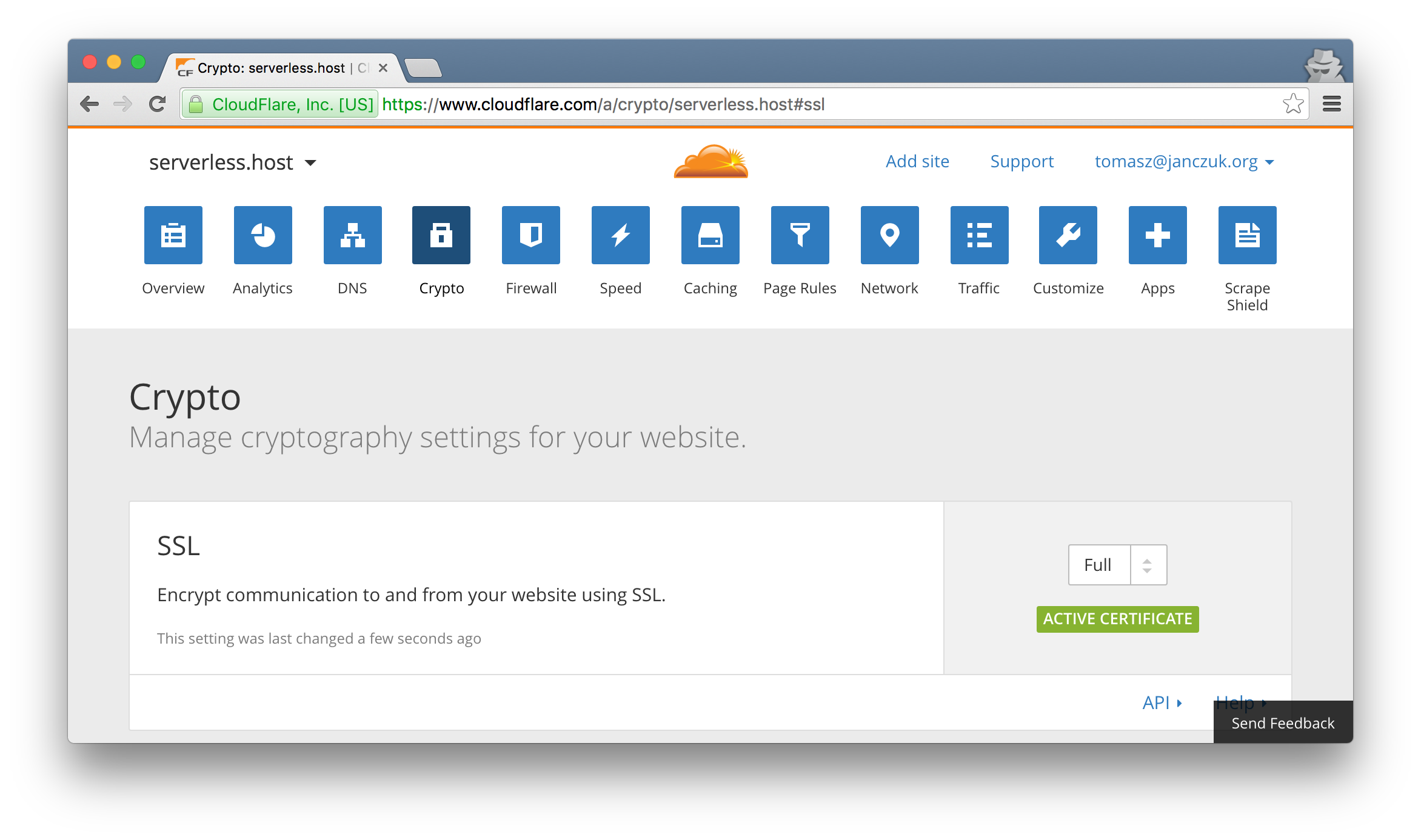 Ensure Full SSL mode protects transmission from end user to CloudFlare to Auth0 Webtasks