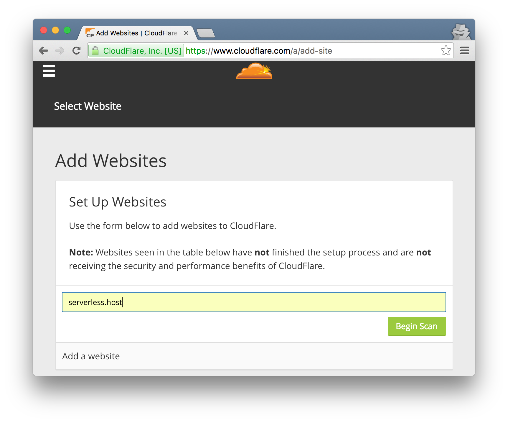 Register custom webtask domain as CloudFlare web site
