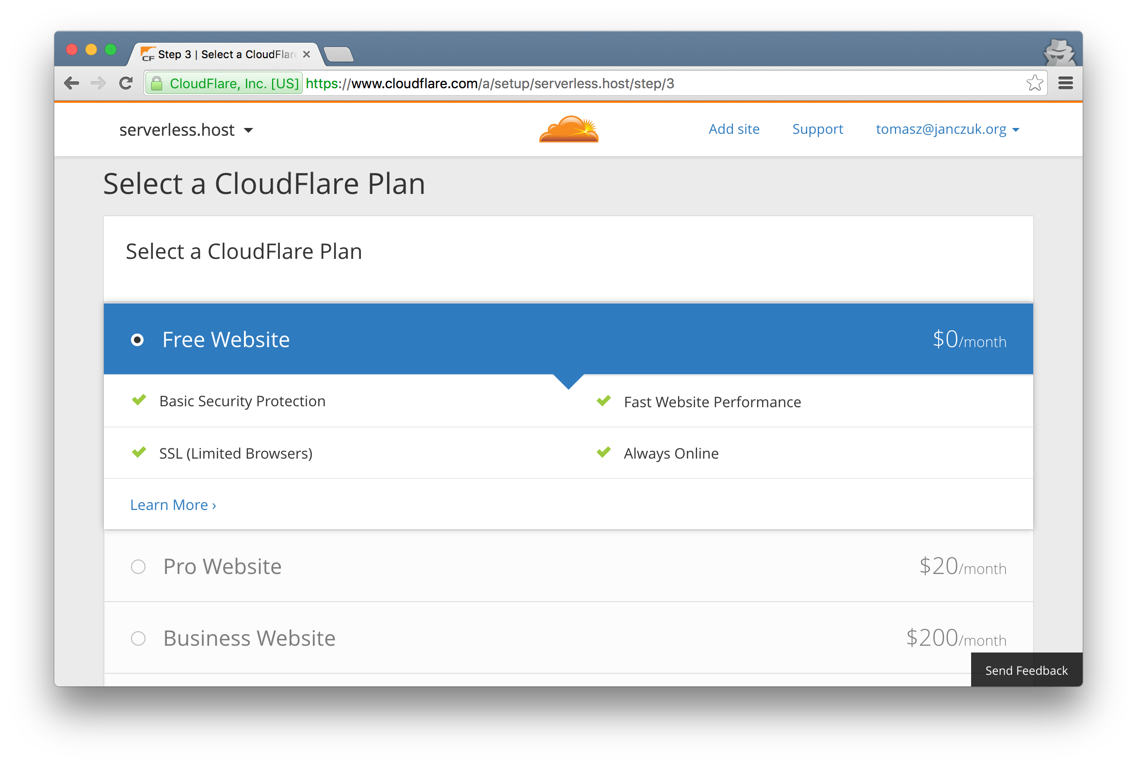 Choose Free CloudFlare plan