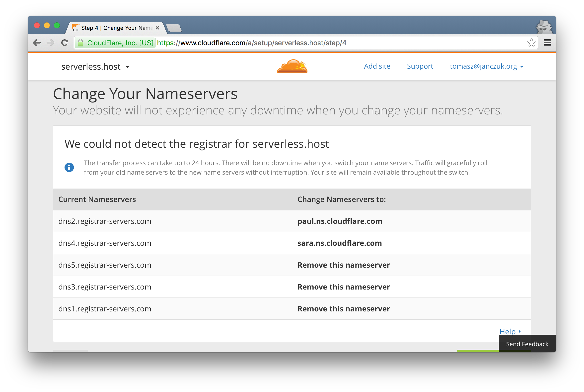 New CloudFlare name servers to configure with your domain name registrar